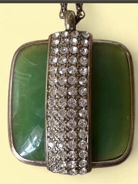 Green faux Jade Pendant Necklace with Crystal Accents 17”